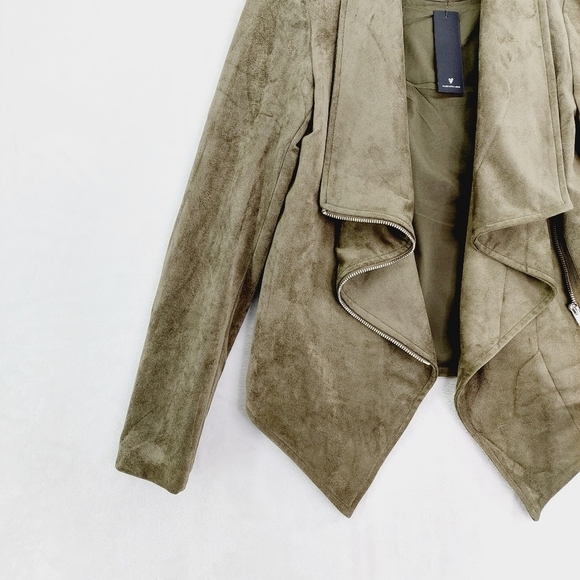 NEW Lulu's Taupe Tan Faux Suede Leather Asymmetrical Zip Up Moto Jacket P4752 - Picture 3 of 8